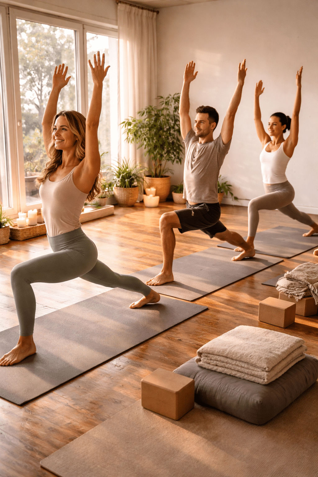 Yogadocent geeft les in warrior pose in een yogastudio