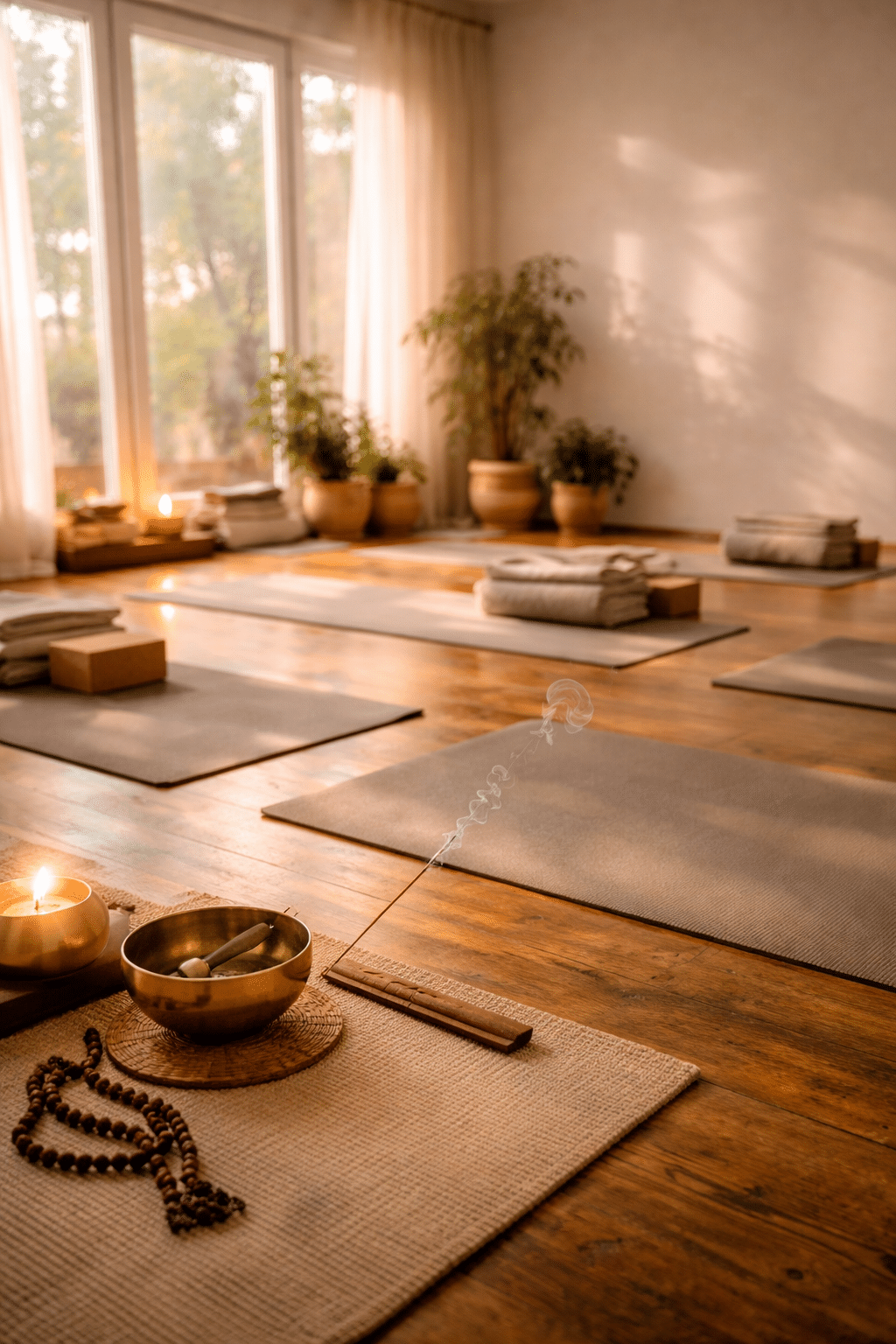 Yogastudio met matten, wierook en klankschaal