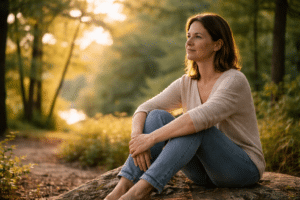 Persoon die rustig in de natuur zit na een reiki of wellness sessie, moment van zelfreflectie, emotionele balans en innerlijke rust.