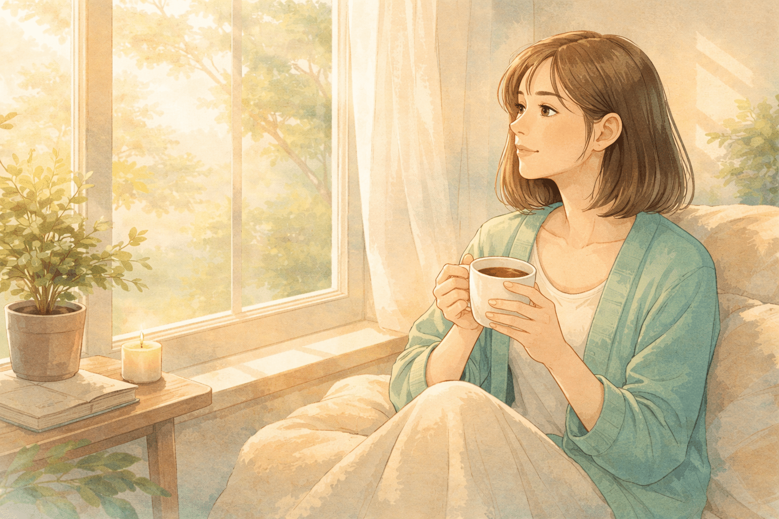 Iemand die rustig nadenkt in een veilige omgeving als symbool voor zelfreflectie en herstel