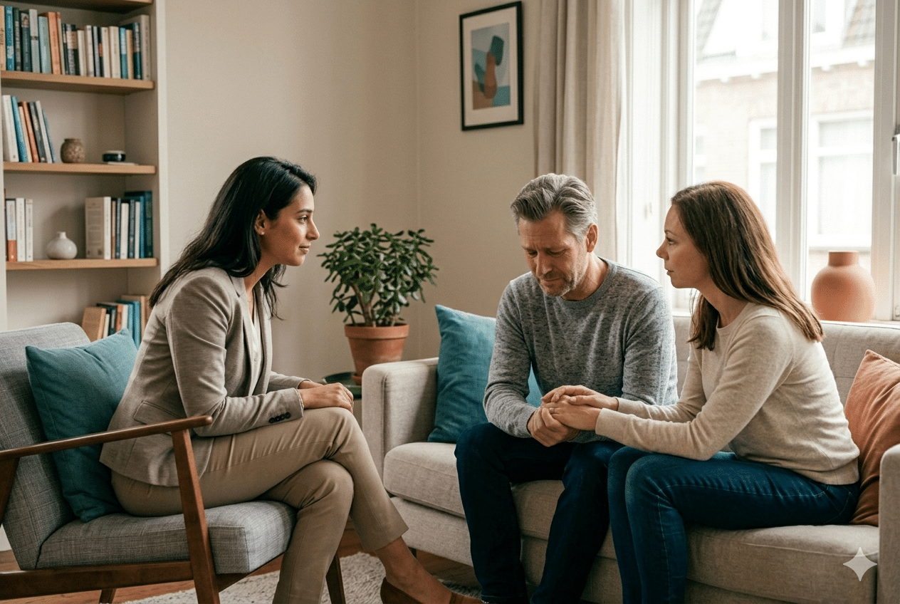 EFT-relatietherapeut begeleidt koppel tijdens emotioneel gerichte sessie