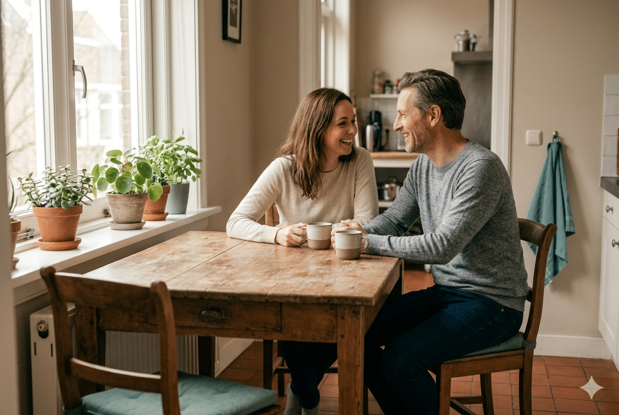 Koppel aan de keukentafel die verbinding en vriendschap ervaart in hun relatie