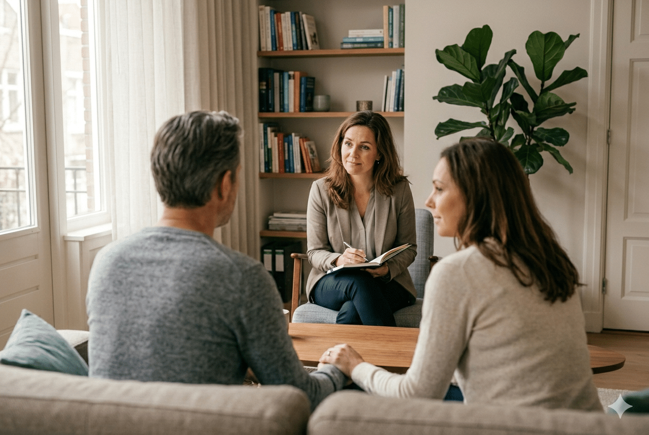 Relatietherapeut begeleidt koppel tijdens een sessie volgens de Gottman-methode