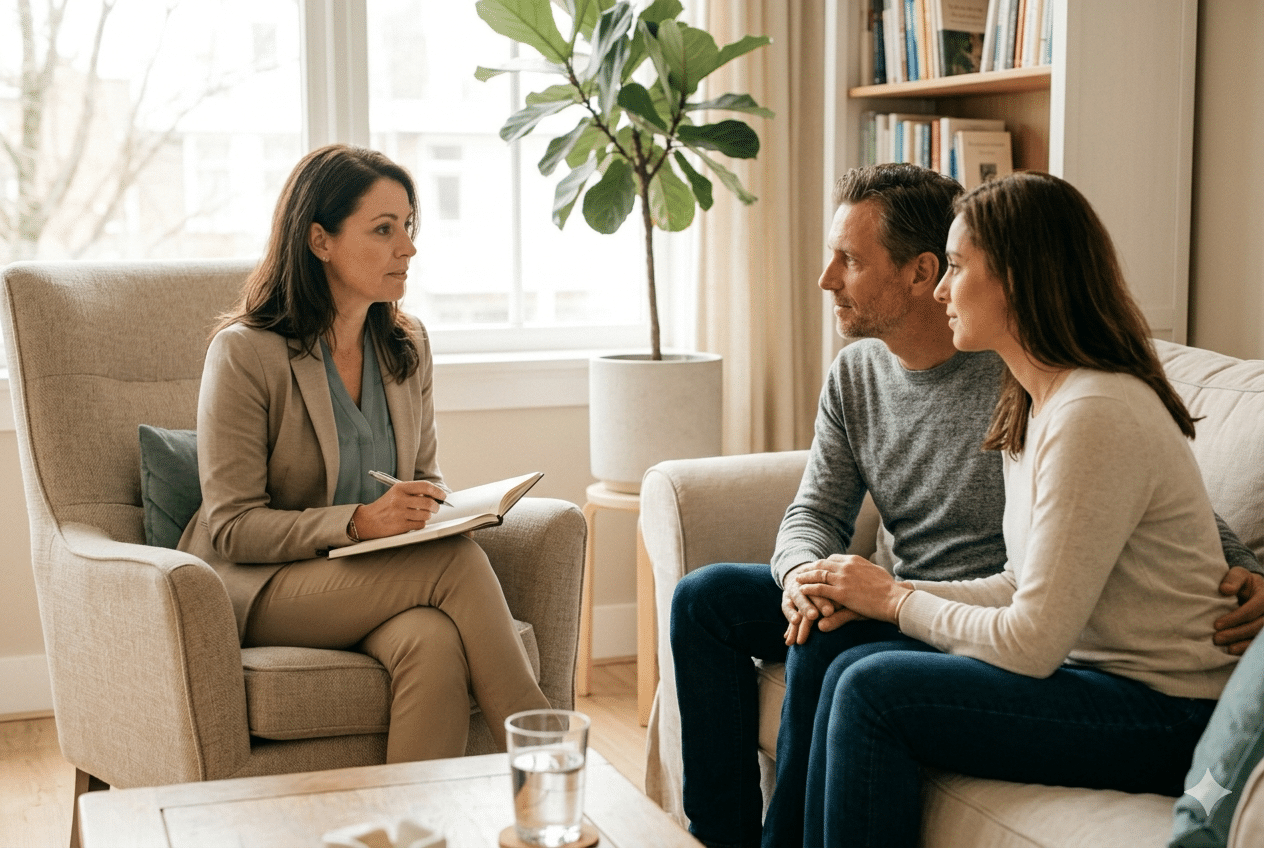 Relatietherapeut begeleidt koppel tijdens Imago relatietherapie-sessie