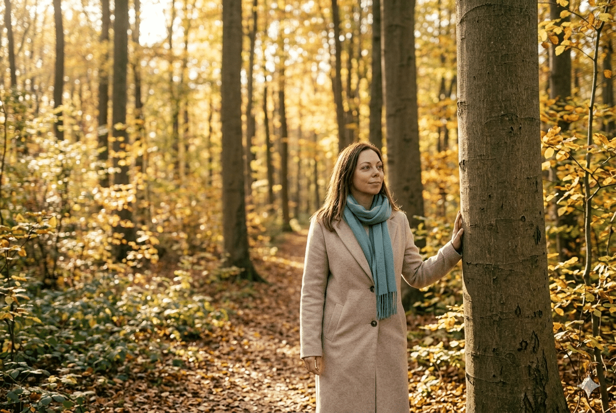 Vrouw wandelt rustig door herfstbos als beeld van heelwording en integratie in Jungs individuatieproces