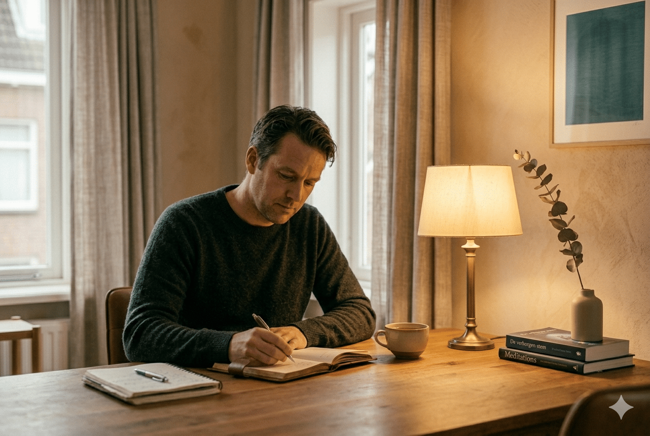 Man schrijft in dagboek aan warm verlicht bureau als beeld van zelfonderzoek en schaduwwerk volgens Jung
