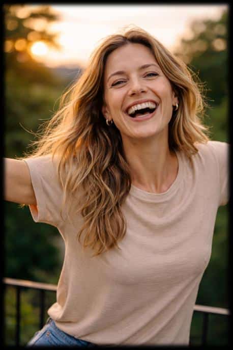 Lachende vrouw die vrijheid en zelfvertrouwen uitstraalt na het loslaten van oude patronen