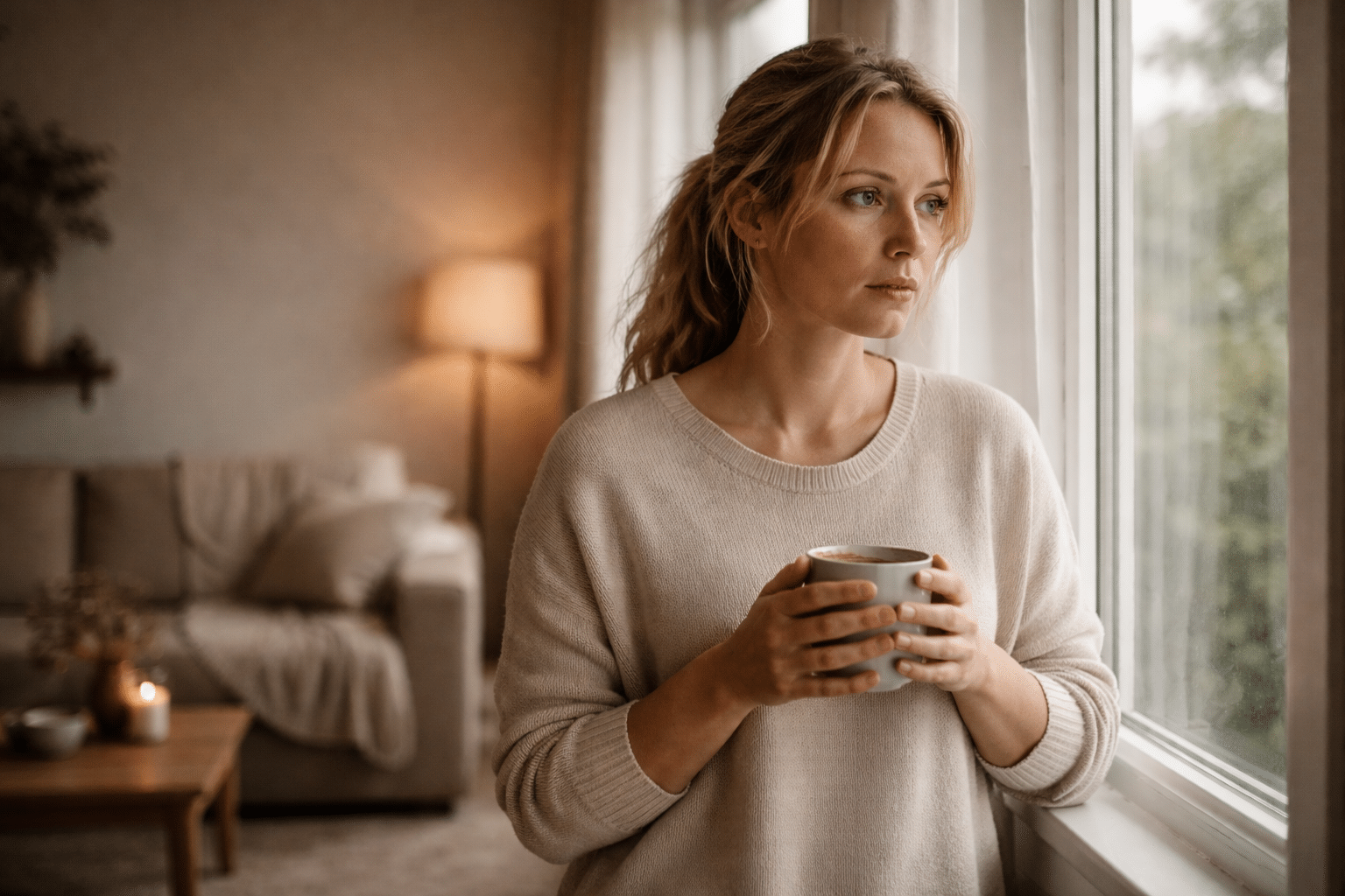 Vrouw alleen bij het raam die het trauma van vreemdgaan verwerkt