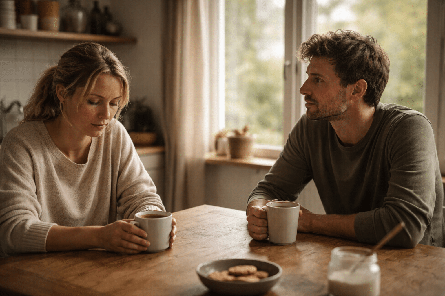 Koppel aan de keukentafel in gesprek over het verwerken van vreemdgaan