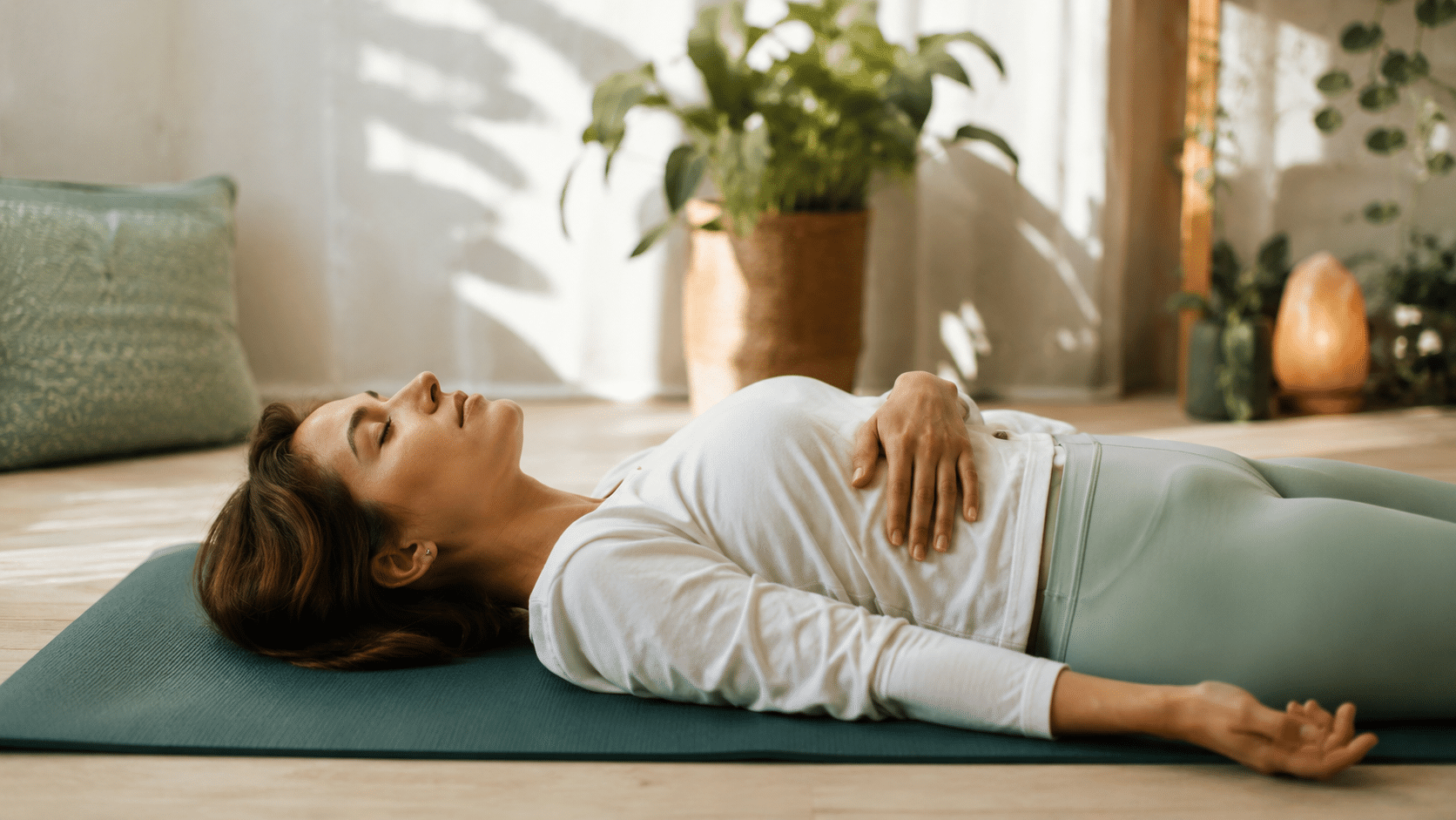 Vrouw ligt ontspannen op een yogamat met een hand op haar buik tijdens ademwerk om tot rust te komen