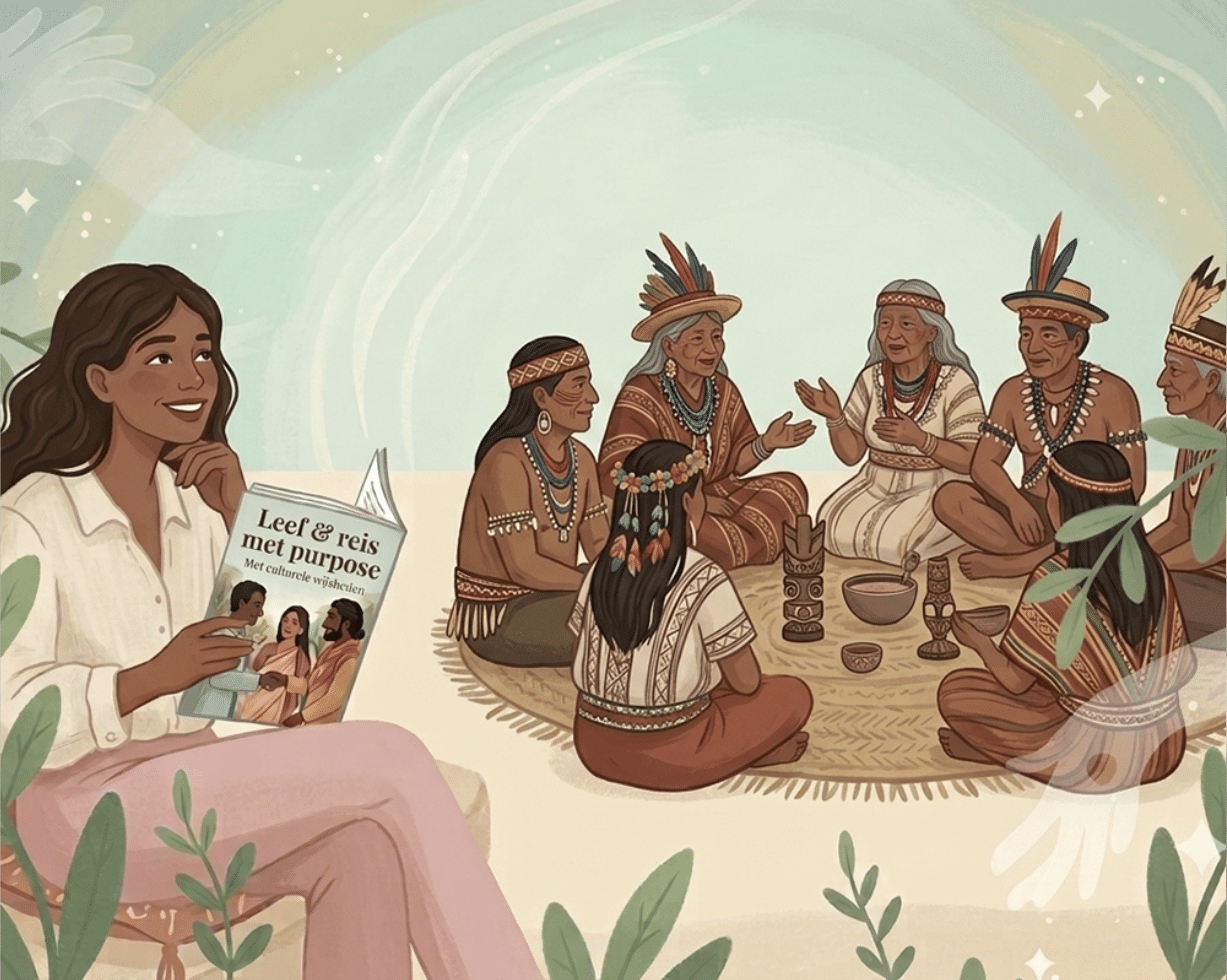 Vrouw die samen met mensen uit een andere cultuur in gesprek is, over leren van elkaar