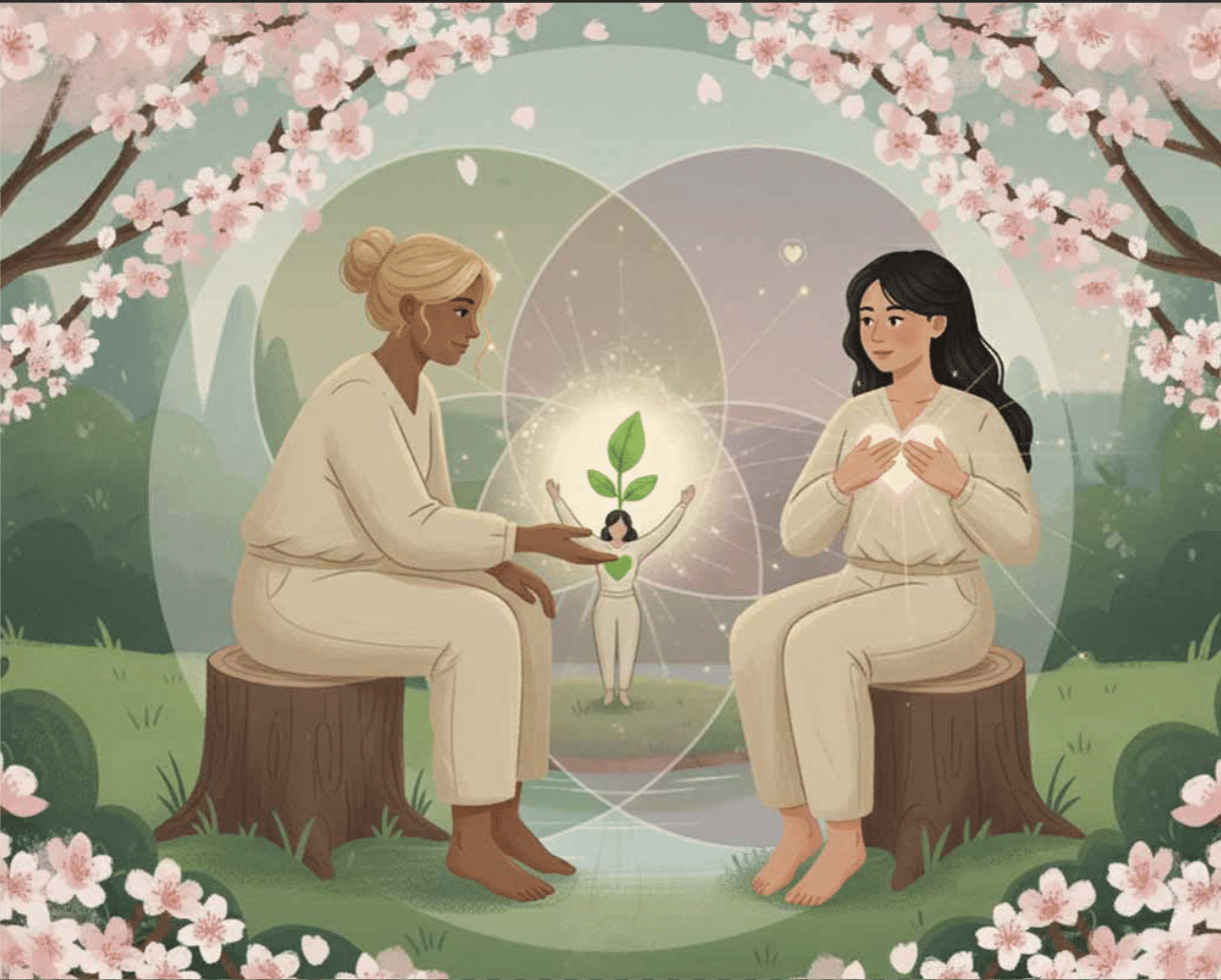 Twee vrouwen die samen een jong plantje verzorgen, als beeld voor groei en herstel na een burn-out