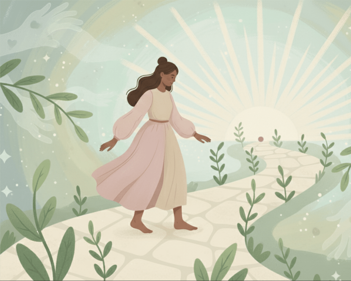 Vrouw die over een verlicht pad naar de zonsopkomst loopt, als beeld voor een nieuwe levensfase