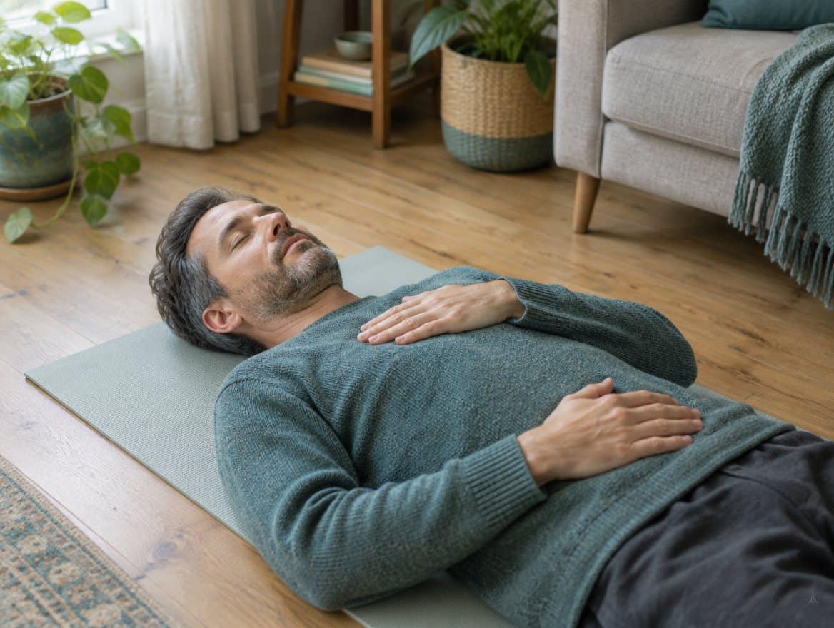 Man ligt op een yogamat met een hand op zijn borst en een hand op zijn buik voor buikademhaling
